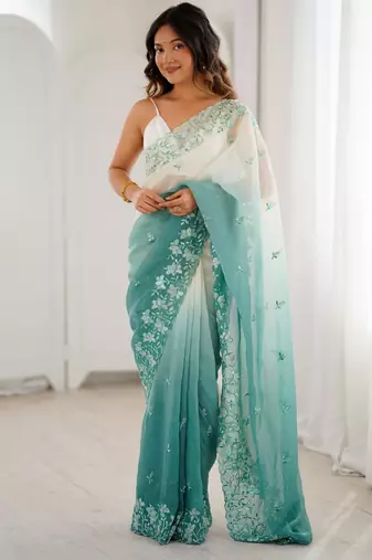 Rama color crunchy fabric beautiful sequins work bollywood style ceremonial saree