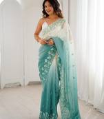 Rama color crunchy fabric beautiful sequins work bollywood style ceremonial saree