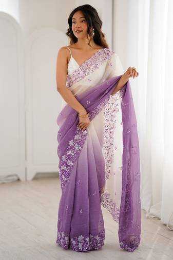 Lavender color crunchy fabric beautiful sequins work bollywood style ceremonial saree