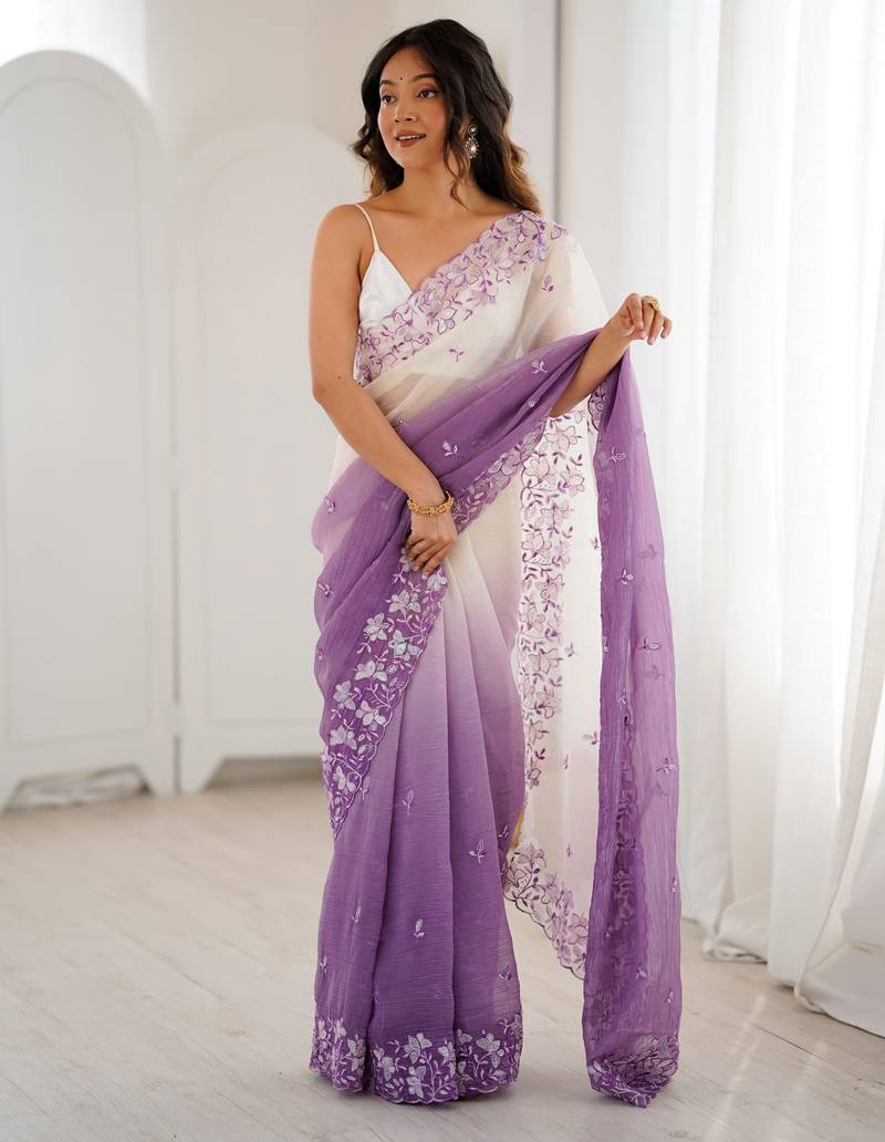 Lavender color crunchy fabric beautiful sequins work bollywood style ceremonial saree