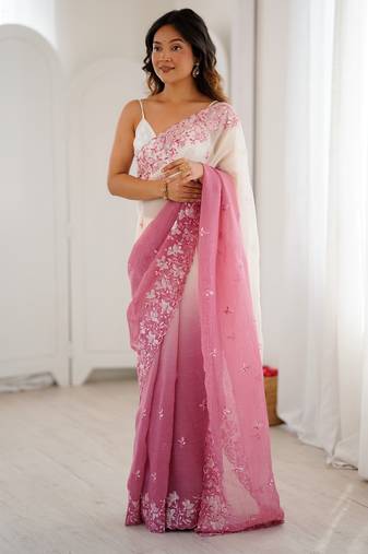 Pink color crunchy fabric beautiful sequins work bollywood style ceremonial saree