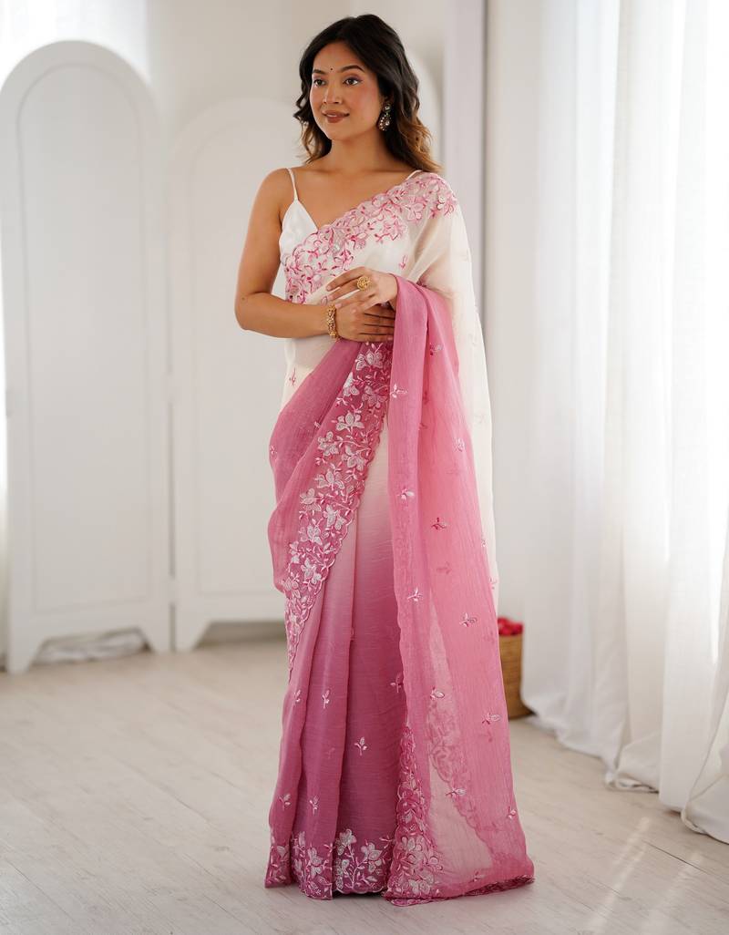 Pink color crunchy fabric beautiful sequins work bollywood style ceremonial saree