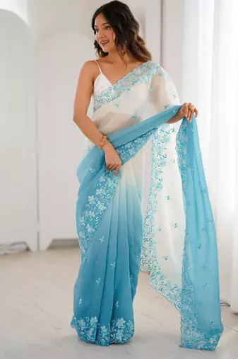 Sky blue color crunchy fabric beautiful sequins work bollywood style ceremonial saree