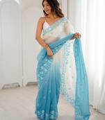 Sky blue color crunchy fabric beautiful sequins work bollywood style ceremonial saree