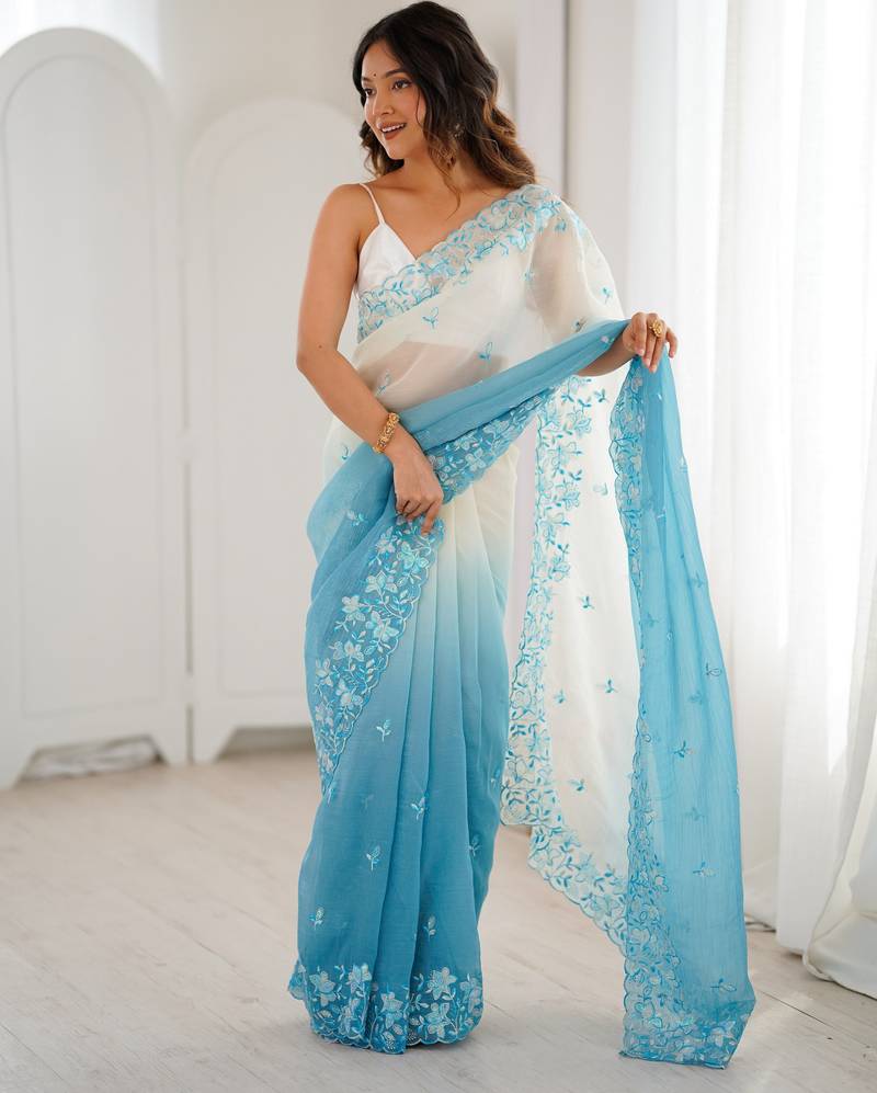 Sky blue color crunchy fabric beautiful sequins work bollywood style ceremonial saree