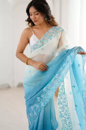 Sky blue crunchy sequins work style ceremonial saree