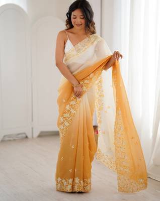 Yellow crunchy sequins work style ceremonial saree 1
