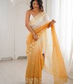 Yellow color crunchy fabric beautiful sequins work bollywood style ceremonial saree