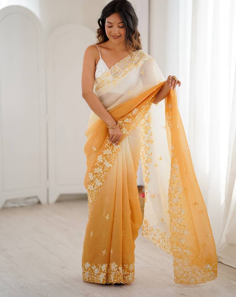 Yellow color crunchy fabric beautiful sequins work bollywood style ceremonial saree