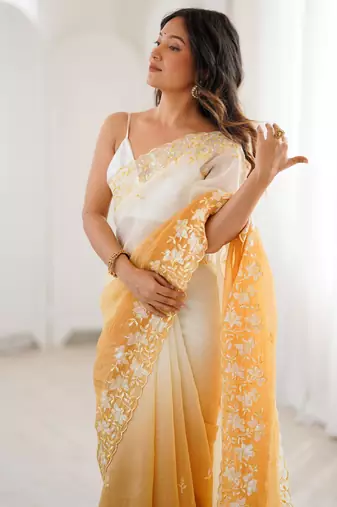 Yellow crunchy sequins work style ceremonial saree