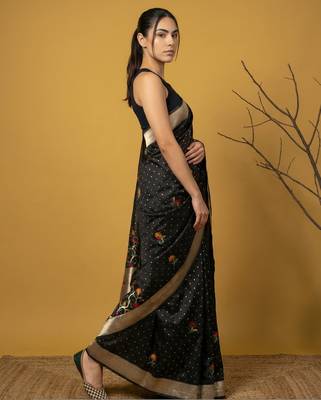 Soft organza meenakari woven saree with jamdani zari pallu and brocade blouse 5