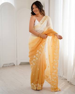 Yellow crunchy sequins work style ceremonial saree 3
