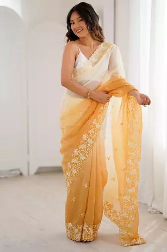Yellow crunchy sequins work style ceremonial saree