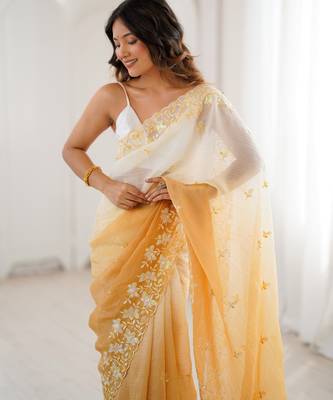 Yellow crunchy sequins work style ceremonial saree 4