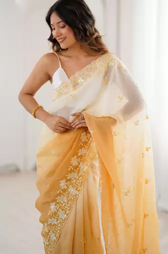 Yellow crunchy sequins work style ceremonial saree
