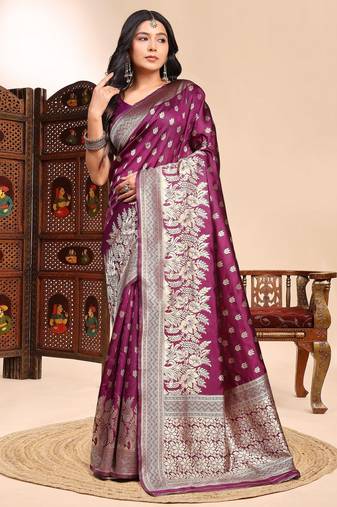 Purple color ethnic lichi silk fabric graceful woven designer saree