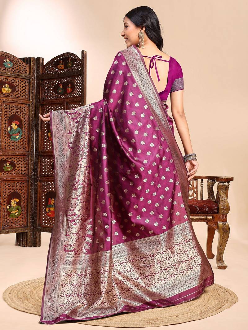 Purple color ethnic lichi silk fabric graceful woven designer saree