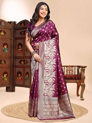 Purple ethnic lichi silk blend graceful woven saree 4