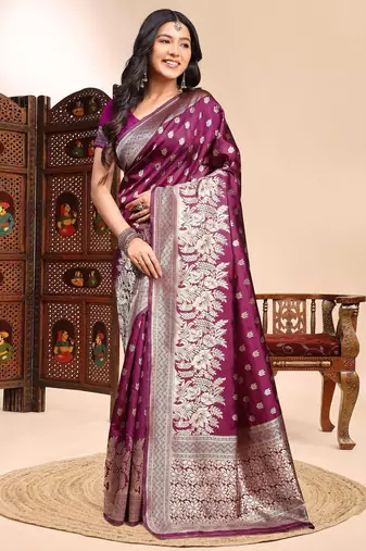 Purple ethnic lichi silk blend graceful woven saree