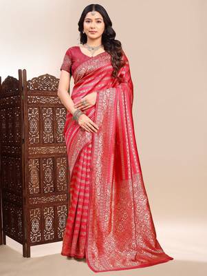 Red ethnic lichi silk blend graceful woven saree 1