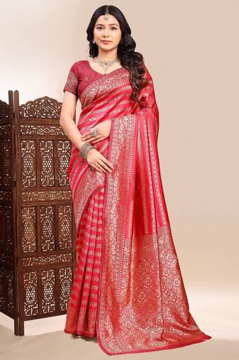 Red color ethnic lichi silk fabric graceful woven designer saree