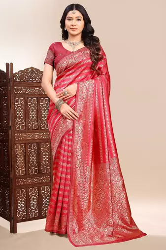 Red color ethnic lichi silk fabric graceful woven designer saree