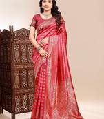 Red color ethnic lichi silk fabric graceful woven designer saree