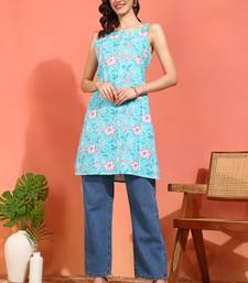 Yash gallery women's cotton knee length floral print square neck sleeveless straight kurta