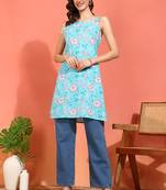 Yash gallery women's cotton knee length floral print square neck sleeveless straight kurta