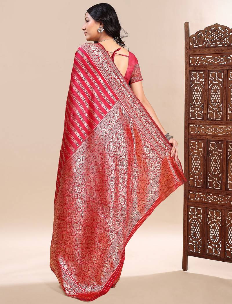 Red color ethnic lichi silk fabric graceful woven designer saree