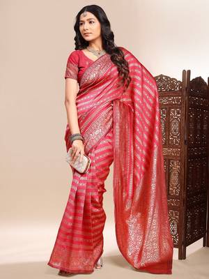 Red ethnic lichi silk blend graceful woven saree 3