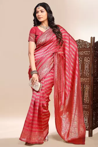 Red ethnic lichi silk blend graceful woven saree
