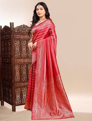 Red ethnic lichi silk blend graceful woven saree 4