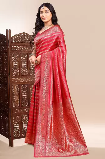 Red ethnic lichi silk blend graceful woven saree