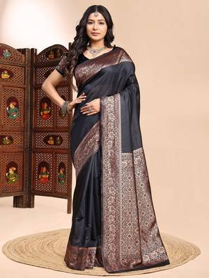 Black ethnic lichi silk blend graceful woven saree 1