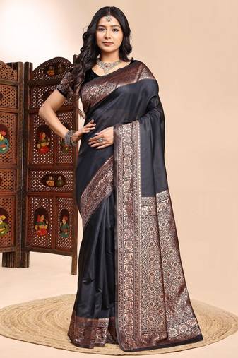 Black color ethnic lichi silk fabric graceful woven designer saree