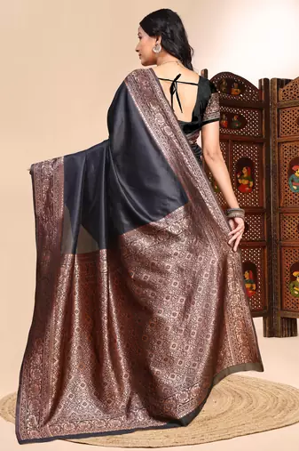 Black ethnic lichi silk blend graceful woven saree