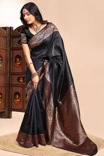Black ethnic lichi silk blend graceful woven saree