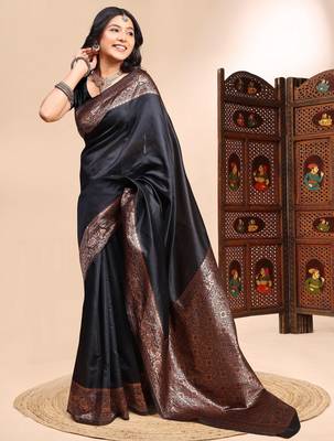 Black ethnic lichi silk blend graceful woven saree 4