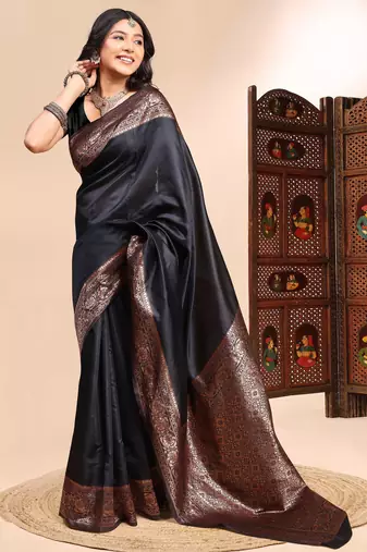 Black ethnic lichi silk blend graceful woven saree
