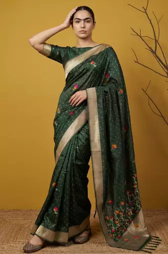 Soft organza meenakari woven saree with jamdani zari pallu and brocade blouse