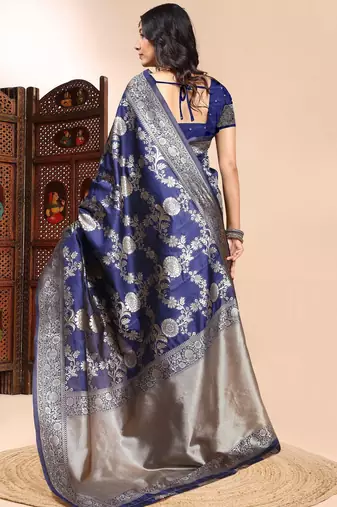 Blue ethnic lichi silk blend graceful woven saree