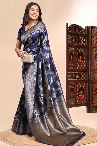 Blue ethnic lichi silk blend graceful woven saree