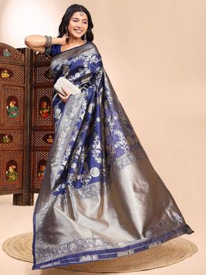 Blue ethnic lichi silk blend graceful woven saree 4