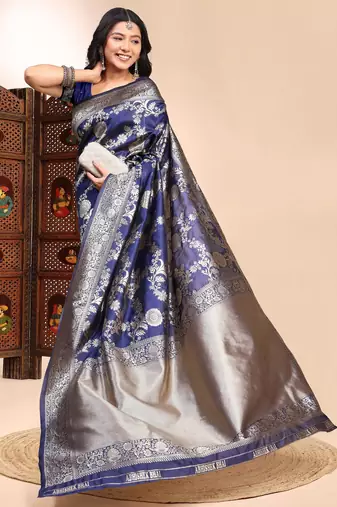 Blue ethnic lichi silk blend graceful woven saree