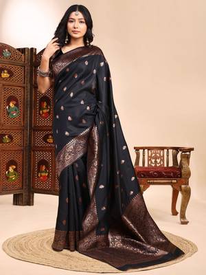 Black ethnic lichi silk blend graceful woven saree 1