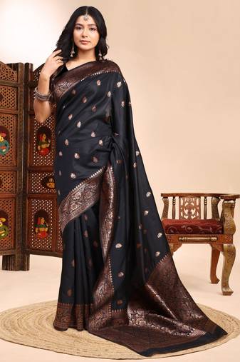 Black color ethnic lichi silk fabric graceful woven designer saree