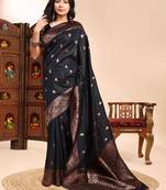 Black color ethnic lichi silk fabric graceful woven designer saree