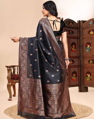 Black ethnic lichi silk blend graceful woven saree 2