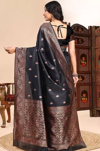 Black ethnic lichi silk blend graceful woven saree